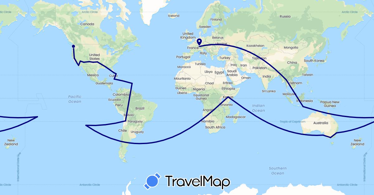 TravelMap itinerary: driving in Australia, Bahamas, Switzerland, Cook Islands, Chile, Dominica, Indonesia, Kenya, Cayman Islands, Mexico, Thailand, United States (Africa, Asia, Europe, North America, Oceania, South America)
